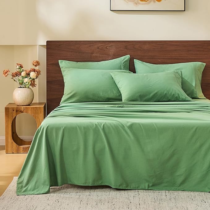 MEISHANG 100% French Pure Linen Sheets California King - Bed Sheets 4 Piece Sets, Soft Durable Flax Linen, Anti-Tear Breathable Oeko-Tex Certified with 16" Deep Pocket (Sage Green)