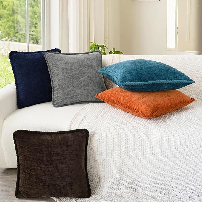 CaliTime Decorative Couch Throw Pillow Covers 16 X 16 Inches Pack of 2 Cozy Chenille Piping Edge Cushion Cases for Sofa Bed Living Room Home Medium Grey