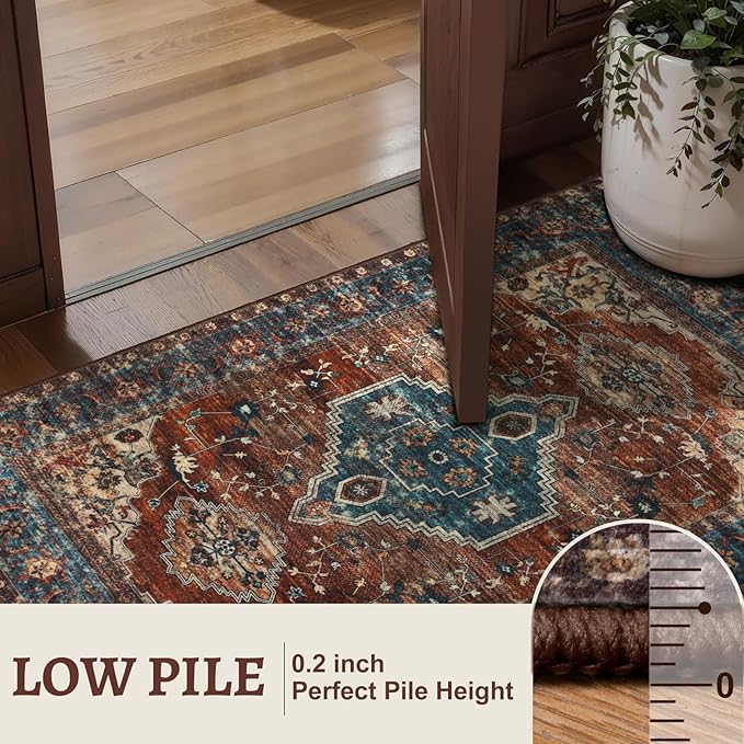 Tangsoo Oriental 5x7 Area Rug Washable Rug for Living Room, Vintage Indoor Non Slip Large Area Rugs, Print Distressed Rust Carpet, Soft Low Pile Foldable Floor Rug for Bedroom Dining Room Dorm