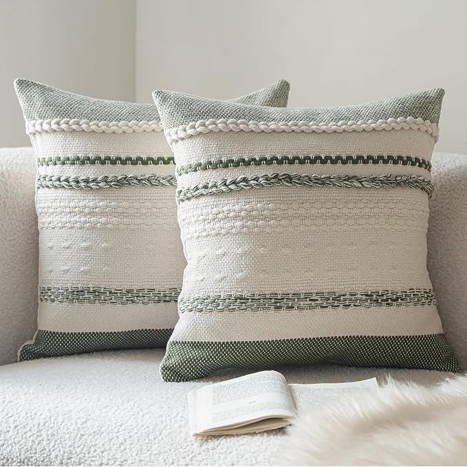 Boho Throw Pillow Covers 18x18 Inch Set of 2, Green Textured Decorative Couch Pillow Cases for Farmhouse Home Decor, Accent Cushion Cover for Sofa, Bed, Living Room, Bedroom