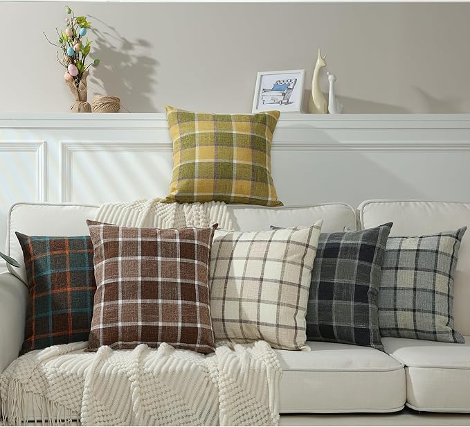 Stellhome Pack of 2 Linen Buffalo Check Throw Pillow Covers, Farmhouse Plaid Decorative Cushion Covers for Couch Sofa Living Room, 24x24 Inch, Dark Grey