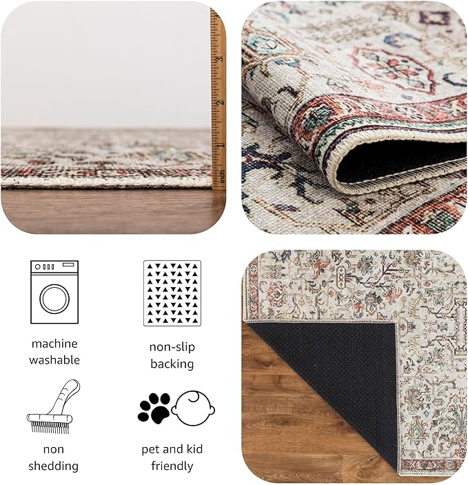 Keen Home Design 2x12 Rug - Machine Washable Runner Rug with Non-Slip Backing, Ideal for Hallway, Entryway, Kitchen, Laundry Room - Vintage, Easy Clean, Durable, Low Pile - (2'6" x 12')