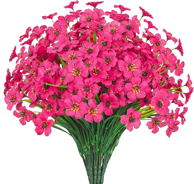 Outdoor Artificial Flowers 21 UV Resistant Bundles Fake Flower Plastic Plants Faux Silk Flowers Porch Hanging Garden Porch Window Box Decorating (Rose Red)