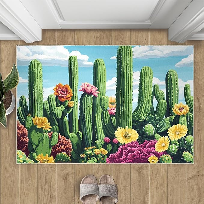 Cactus Living Room Rugs, Desert Oasis Area Rugs 5x6 Rug Succulents Non-Slip Washable Rugs Stain Resistant Rug Low-Pile Throw Rug for Bedroom Dining Room Office