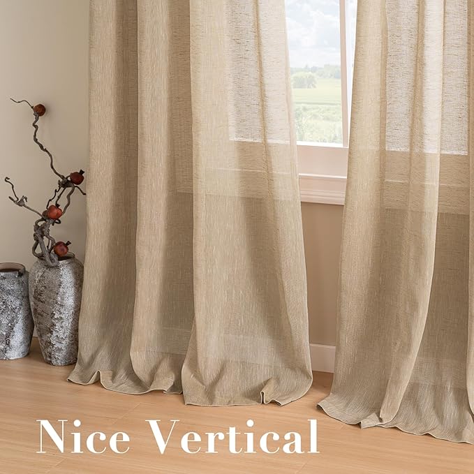 H.VERSAILTEX Linen Curtains Flax Linen Blended Curtain Panels for Living Room/Bedroom Semi Sheer Privacy Curtains 108 inch Length 2 Panels Set Nickel Grommet Window Drapes (52 by 108 Inch, Taffy)