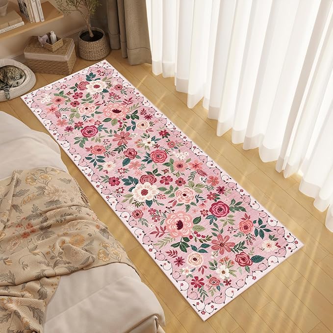 DUKINO 2x10 Kitchen Runner Rug for Hallway, Washable Runner Rug with Non Slip Backing, Low Pile Soft Boho Floral Carpet for Kitchen, Hallway, Entryway, Laundry, Bedroom, Pink