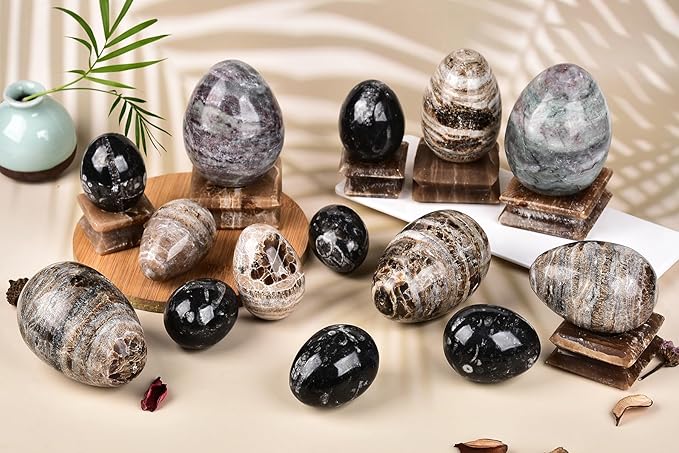 AMOYSTONE Natural Morocco Jasper Egg with Stone Base for Home Decor Ornamet Specimen Large, Single Height 3-3.5"