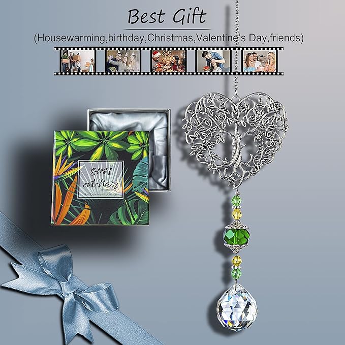 H&D HYALINE & DORA Tree of Life Crystal Suncatchers Crystal Drop Prism Rainbow Maker Hanging for Home Garden Decoration, Heart Shaped