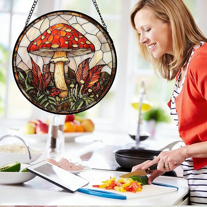 DASTOLL Stained Glass Window Hanging, Big Red Mushroom Suncatcher for Doors Home Sun Catchers Decoration and Christmas, Mother's Day Birthday Gifts for Women, Men, and Mom 6.3 in