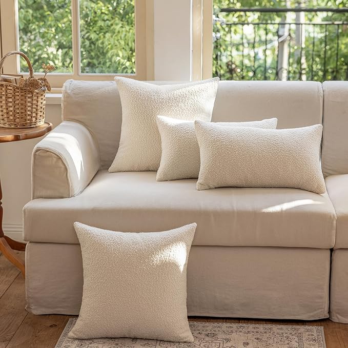 GEEORY Decorative Throw Pillow Covers 18x18 Inch Pack of 2,Textured Boucle Neutral Cushion Cases for Bed Couch Sofa, Accent Modern Farmhouse & Minimalist Home Decor (Cream) GE02-18