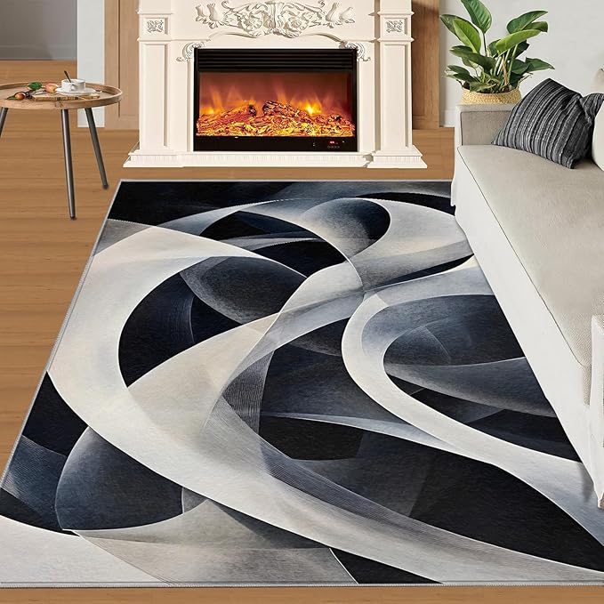Abstract Lines Area Rug 5x7 Washable Rug Geometric Stripes Rugs for Living Room Minimalism Non Slip Carpet Floral Print Mat Bedroom Bathroom