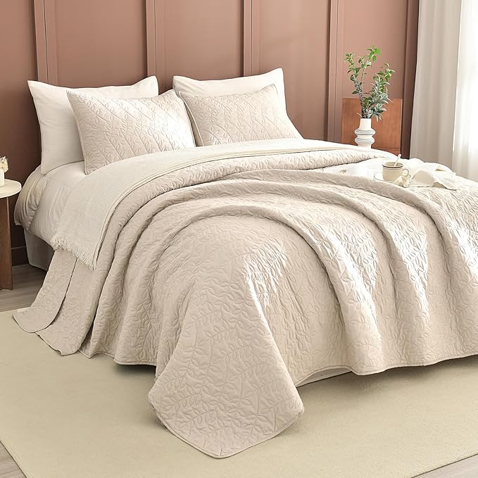 Sanracie California King Quilt Set 128"x 120", Wheat Colored 100% Cotton Oversized King Bedspread Coverlet Set Leaves Quilting 3Pcs Extra Large Wide Quilt Bedding Set for All Season Lightweight Soft