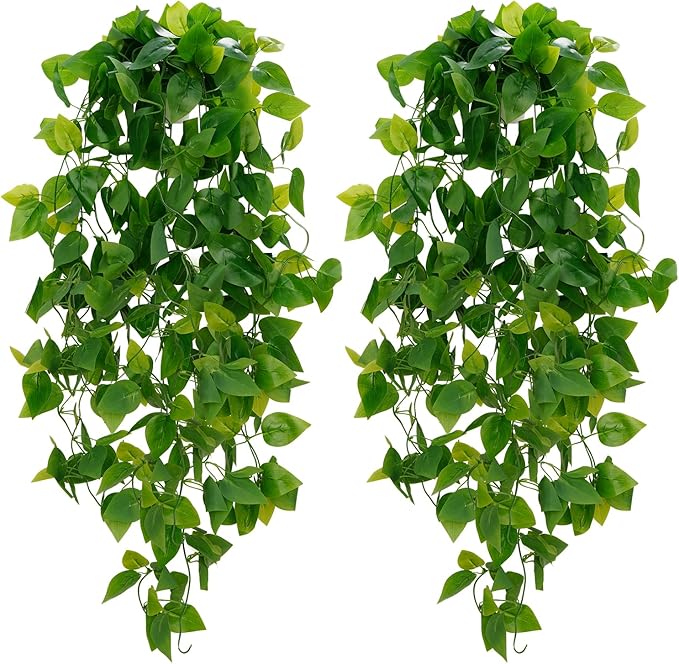 BLEUM CADE Fake Hanging Plants, 2pcs Artificial Hanging Plant, Faux Pothos Vines Greenery for Wall Home Living Room Office Indoor Outdoor Decor (No Baskets)