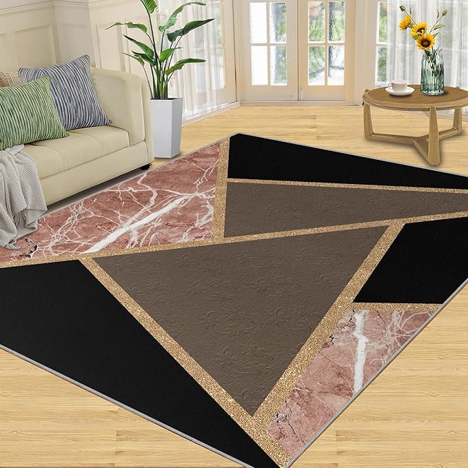 Black Gold Marble Rug Modern Geometric Marble Area Rug Mid-Century Minimalist Geometric Rugs Vintage Crackle Carpet Washable Non-Slip Carpet for Bedroom 3x4ft