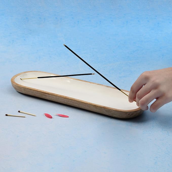 Folkulture Incense Holder for Home | Modern Incense Burner or Insence-Stick Holder for Gifts| Mango Wood Incense Tray Trough for Sticks 12 x 4 Inches, White
