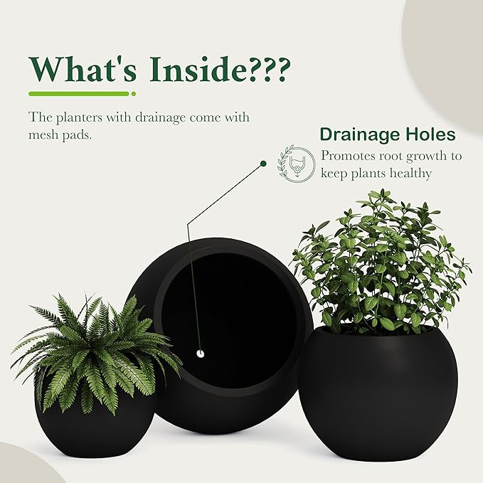 DTY Signature Mount Sherman 19.7''D x 21.7''H Modern Indoor Outdoor Fiberstone Sphere Planter, Durable Round Garden Pot, Weather Resistant, Drainage Hole & Rubber Plug - Large, Black