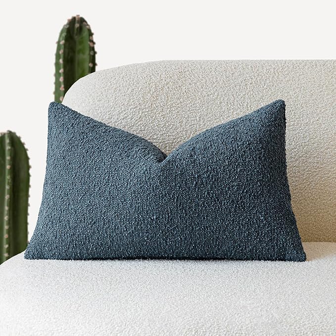 Foindtower Textured Boucle Throw Pillow Covers Accent Solid Lumbar Pillow Cases Cozy Soft Decorative Couch Cushion Case for Chair Sofa Bedroom Living Room Home Decor, 12 x 20 Inch,Blue