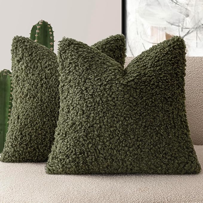 Foindtower 2 Pieces 16x16 Inch Olive Green, Faux Fur Throw Pillow Cover Accent Sherpa Furry Pillow Covers Fuzzy Soft Pillowcases Cozy Sheepskin Decorative Fleece Cushion Case for Bed Couch Living Room