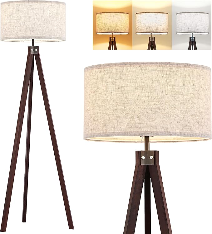 ELYONA Wood Tripod Floor Lamp with 3 Color Temperatures Bulb, Mid Century Modern Reading Standing Light, Farmhouse Floor Light Linen Shade for Living Room Bedroom Office, Walnut, 9W LED Bulb Include