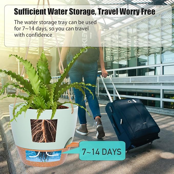 10 Inch Self Watering Hanging Pots, 2 Pack Hanging Planters with 40oZ Deep Reservior for Indoor Outdoor Plants Flowers, Green with Brown