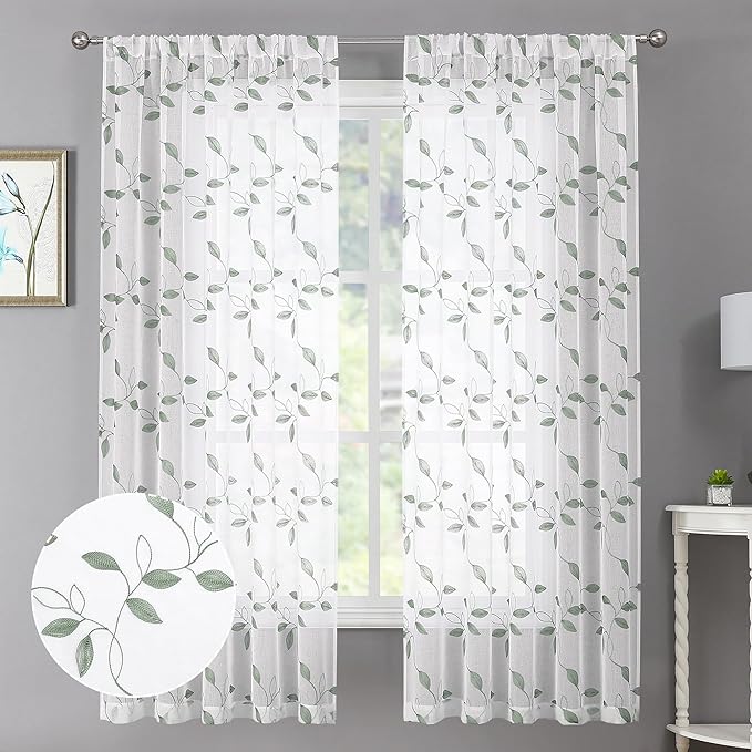 Tollpiz Sage Green Leaf Sheer Curtains Leaves Embroidered Living Room Short Curtain Rod Pocket Voile Window Treatments for Bedroom, 54 x 45 inches Long, Set of 2 Panels