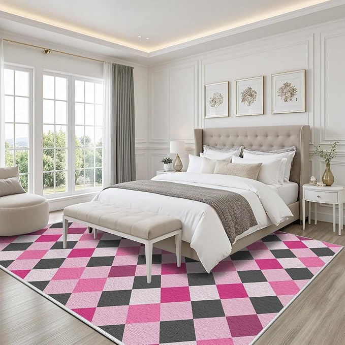 Diamond Checkered Rug 8x10, Soft Ultra Soft Faux Wool Abstract Geometric Rugs, Indoor Floor Mats Carpet, Non Slip&Non-Shedding Low Pile Washable Rugs, Modern Red Rug for Bedroom