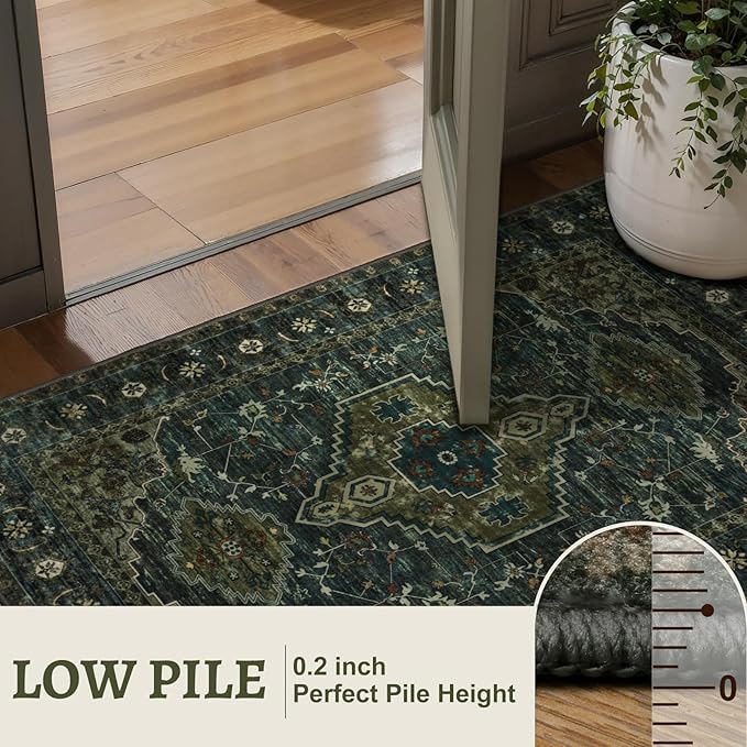 Tangsoo Green 5x7 Washable Rugs for Living Room, Vintage Non Slip Indoor Room Rug, Oriental Print Distressed Large Rugs Carpet Soft Low Pile Floor Rug for Dining Room Bedroom Dorm Olive Green