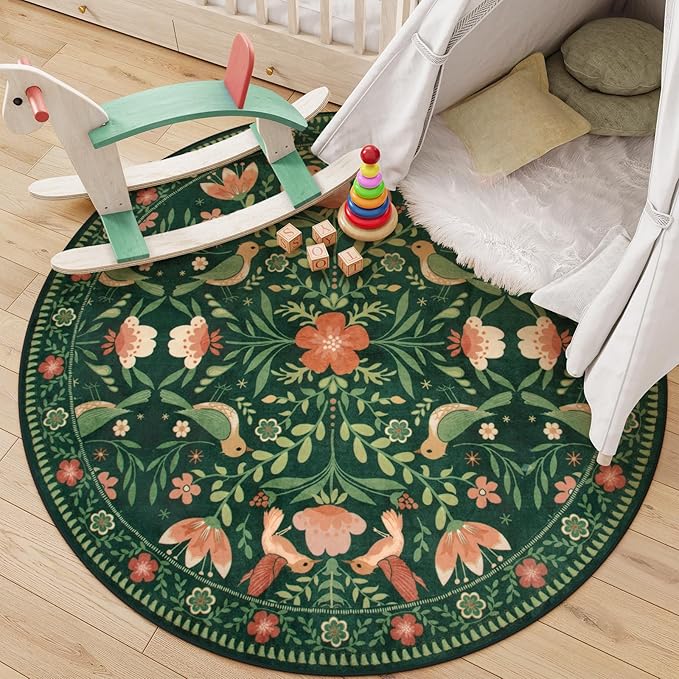Moynesa Floral Bird Round Rug 6ft Washable Circle Rug Non Slip,Modern Cottage Green Area Rugs for Bedroom Reading Coner,Farmhouse Living Dining Room Aesthetic Carpet Vintage Home Decor