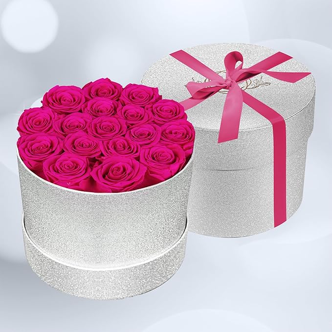 17 Hot Pink Flowers in Glitter Box, Birthday Gifts for Women, Preserved Flowers, Mothers Day Roses Gift for Mom