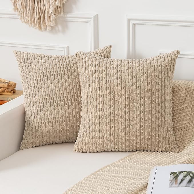 Kevin Textile Throw Pillow Covers Soft Corduroy Decorative Set of 2 Boho Striped Pillow Covers Pillowcases Farmhouse Home Decor for Couch Bed Sofa Living Room 18x18 Inch Beige
