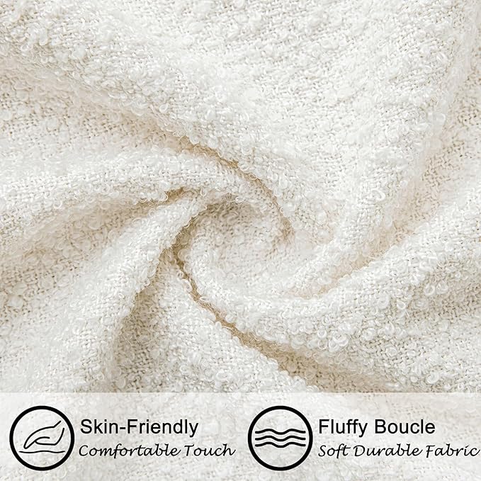 18"x18" White Boucle Throw Pillow Covers with Faux Leather Accents Set of 2 Fluffy Textured Decorative Pillow Cases for Couch Bed Boho Farmhouse Square Cushion Covers for Nordic Home Décor