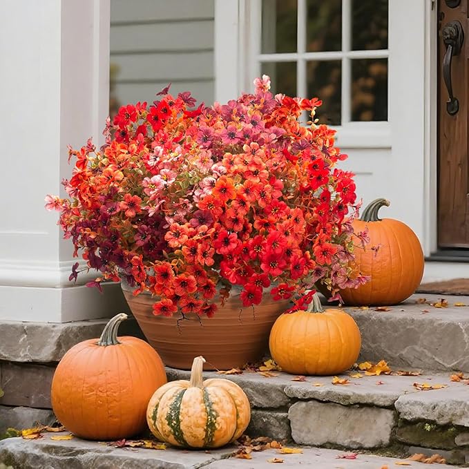 20 Bundles UV Resistant Artificial Fall Flowers - Fake Autumn Plants for Autumn Indoor Outdoor Garden Patio Fireplace Window Box Kitchen Home Decor (Fall Orange Mix)