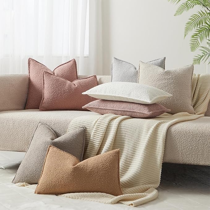 JUSPURBET 12x20 Throw Pillow Covers Set of 2 Decorative Pillow Covers for Couch Sofa Bed Cozy Boucle Textured Lumbar Cushion Covers Cases with Invisible Zipper for Living Room Home Decor,Gray