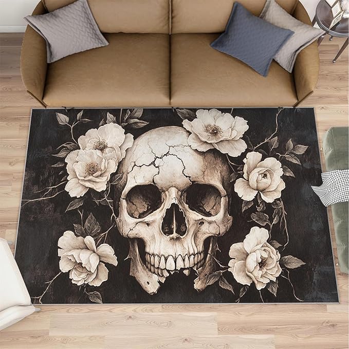Skull Washable Rugs 5x6 Rug for Living Room, Floral 5x6 Rug Gothic Low-Pile Carpet for Bedroom Dining Non Slip Mat with Rubber Back