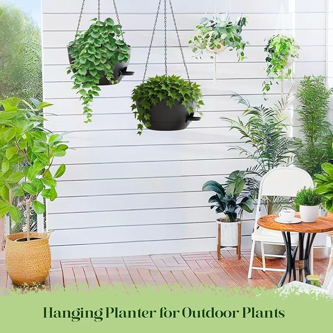 10 Inch Hanging Planters with Chains 2 Pack Self Watering Black Plastic Hanging Pots for Indoor Outdoor Plants, Garden Porch Home Decor (Black)