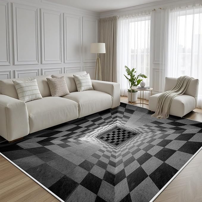 3D Rug 5x8, Plaid Soft Ultra Soft Faux Wool Low Pile Optical Illusion Rug, Indoor Floor Mats Abstract Geometric Carpet, Non-Slip Stain Resistant Washable Rugs, Modern Gray Rugs for Living Room