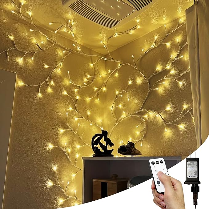 Enchanted Willow Vine Lights with Remote, Christmas Swags Decorations Indoor Room Decor, 18 Branches 144 LEDs Lighted Willow Vine Lights for Walls Bedroom Home Decor, White Branch