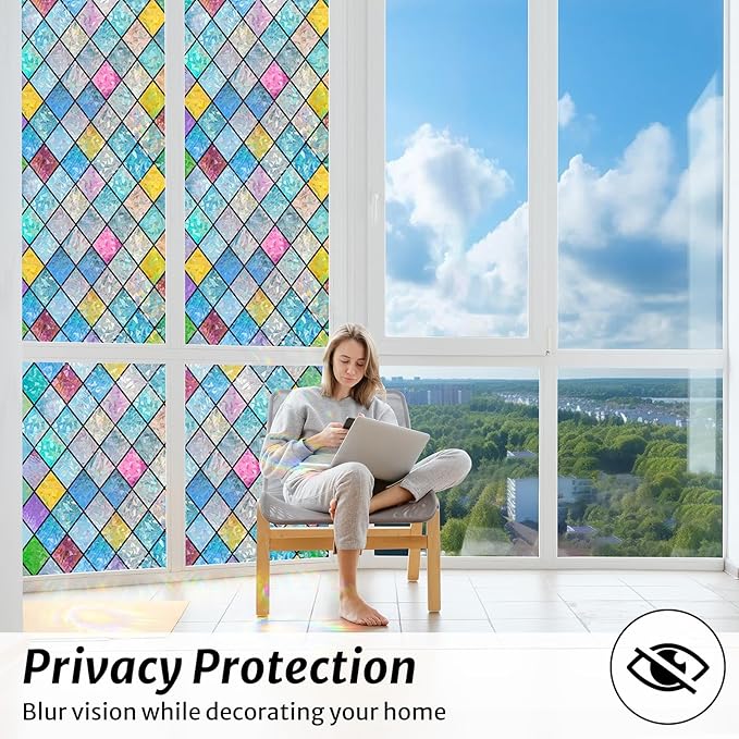 rabbitgoo Stained Glass Window Film Rainbow Film Decorative 3D Privacy Sticker Colorful Lattice Window Decals Cling, Sun Catcher Static Decals for Home 35.4"×157.4"