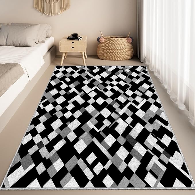 Black White and Grey Rug - Geometric Area Rug, Area Rugs 7x10, Modern Abstract Rugs, Irregular Block Splicing Carpet Washable Non Slip Home Decor Carpet for Living Room