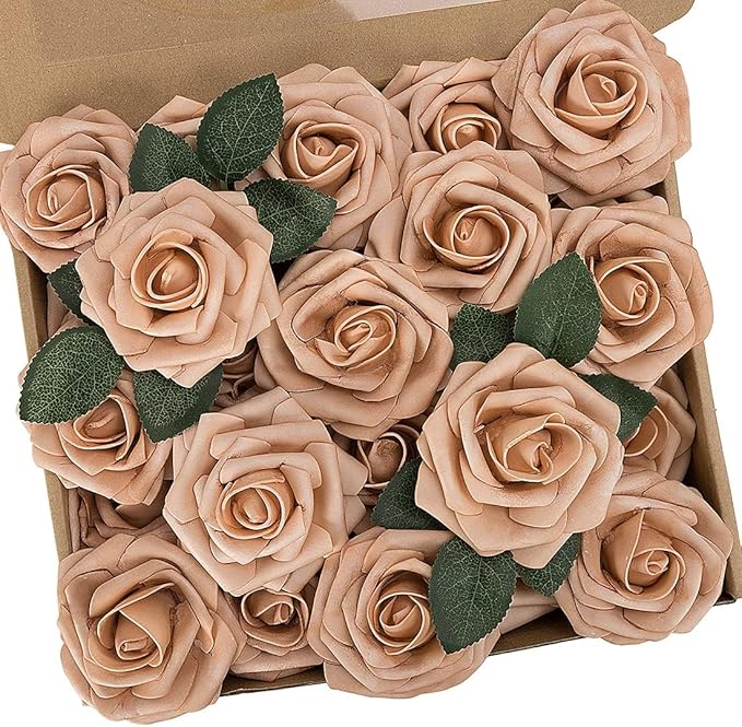 N&T NIETING Artificial Flowers, 50pcs Foam Roses Fake Brown Flowers for DIY Wedding Bouquet Party Baby Shower Decoration Home Display,Dusty Brown