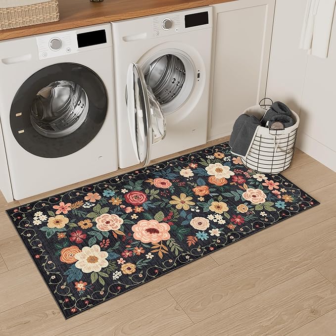 DUKINO 2x4 Rug for Entryway, Washable Kitchen Floral Runner Rug with Non Slip Backing, Low Pile Soft Boho Carpet for Kitchen, Hallway, Entryway, Laundry, Bedroom, Black