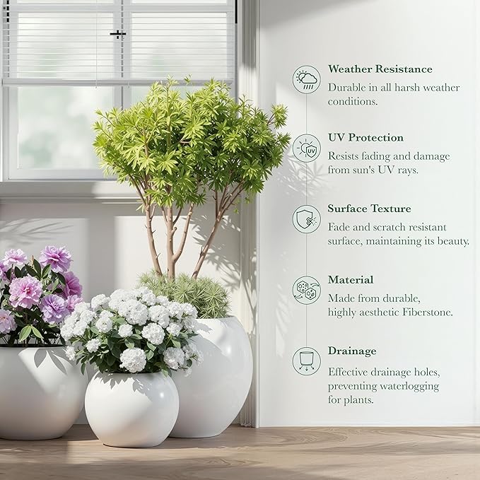 DTY Signature Mount Sherman Modern Indoor Outdoor Fiberstone Sphere Planter, Durable Round Garden Pot, Weather Resistant, Drainage Hole & Rubber Plug - Small, White