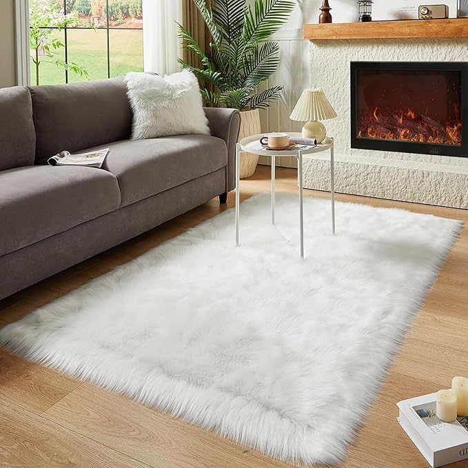 AMTOVO Faux Fur Sheepskin Rug for Living Room, 4 x 6 ft White Fluffy Area Rug for Bedroom, Playroom, Luxury Room Decor, Rectangle