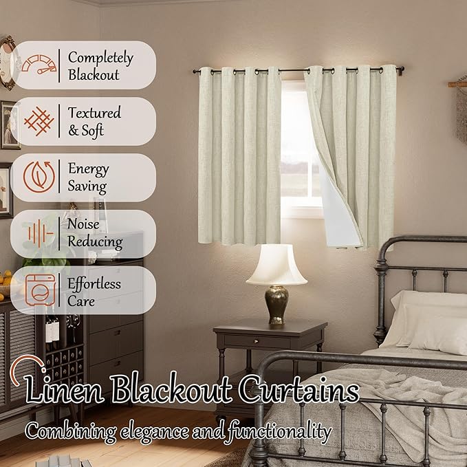 Lajode Short Blackout Curtains 45 Inch Length 2 Panels, Thermal Insulated Total Light Blocking Linen Window Curtains for Farmhouse Bedroom Basement, Bronze Grommet, Natural, Each 52" Wide