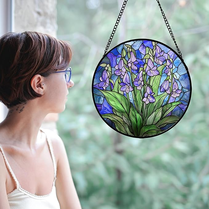 Stained Glass Suncatcher, Blue Purple Flowers Green Leaves Sun Catcher Plants Stain Glass Window Hanging Decoration Mother's Day Birthday Gifts for Women Men Mom and Nana 9.8 in