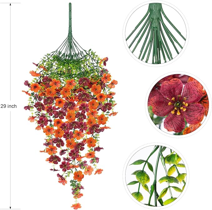 Fake Mums Artificial Hanging Flowers for Outdoor Fall Decoration, 2 PCS Silk Daisy Flower Realistic Faux Plants UV Resistant for Porch Patio Window Yard Outside Autumn Decor(Orange Brown)