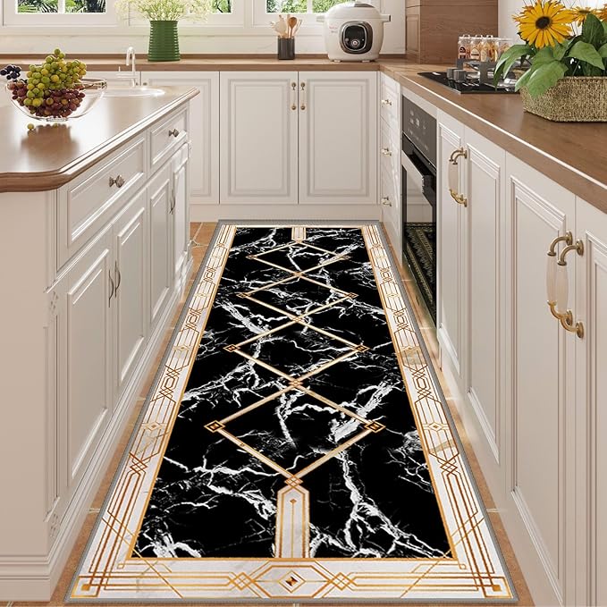 Abstract Marble Texture Throw Carpet Runner for Entrance, 4x10ft, Luxury Gold Geometric Line Bedroom Rug, Dirty Resistant Absorbent Bathroom Decor Washable Area Carpet for Office