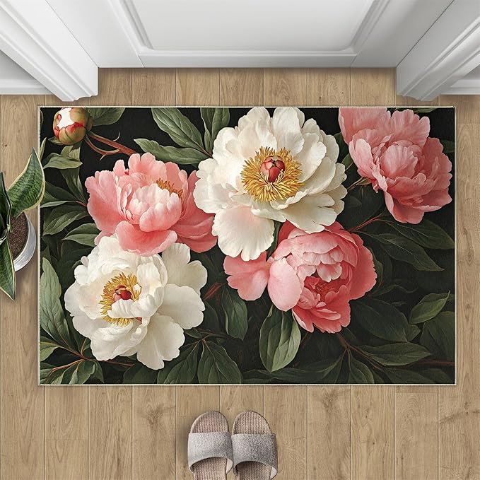 Rustic Flowers Washable Area Rug 5x8, Peony Soft Rugs for Living Room Petals Carpet Area Rugs for Bedroom Dining Room Non-Slip Stain Resistant Rug