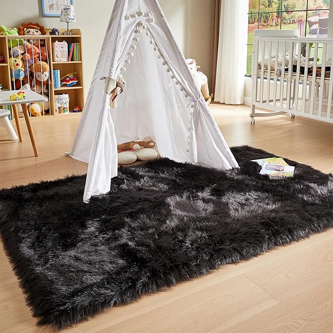 AMTOVO Faux Fur Sheepskin Rug for Living Room, 4 x 6 ft Black Fluffy Area Rug for Bedroom, Playroom, Luxury Room Decor, Rectangle