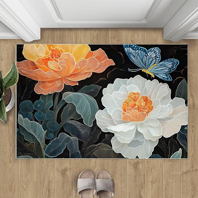 Flowers 2x3 Area Rugs for Living Room Classic Petals Washable Rug Orange-Yellow Flowers Rug Non Slip Low Pile Soft Area Rugs for Bedroom Bedside Dining Room Kids